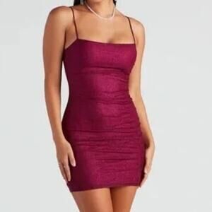 Windsor Magenta Red Shimmer Sparkle Ruched Bodycon Mini Dress